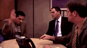 Michael Scott slamming a desk and saying thank you